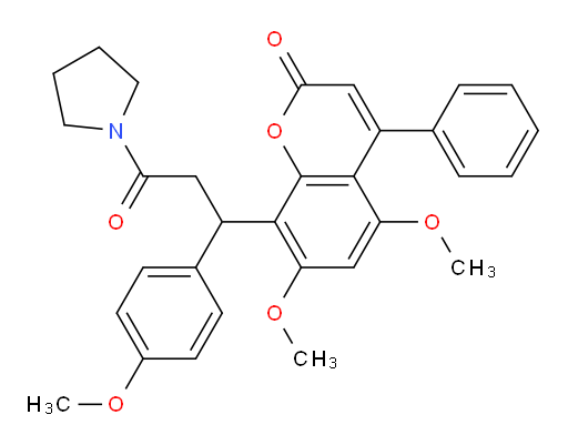 5,7-Dimethoxy-8-[1-(4-methoxyphenyl)-3-oxo-3-(1-pyrrolidinyl)propyl]-4-phenyl-2H-1-benzopyran-2-one (ACI)