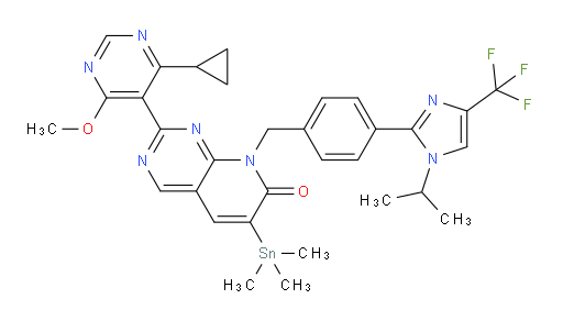 2-(4-cyclopropyl-6-methoxypyrimidin-5-yl)-8-(4-(1-isopropyl-4-(trifluoromethyl)-1H-imidazol-2-yl)benzyl)-6-(trimethylstannyl)pyrido[2,3-d]pyrimidin-7(8H)-one