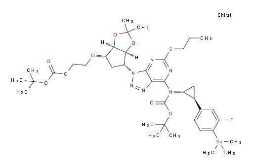 tert-butyl (3-((3aS,4R,6S,6aR)-6-(2-((tert-butoxycarbonyl)oxy)ethoxy)-2,2-dimethyltetrahydro-3aH-cyclopenta[d][1,3]dioxol-4-yl)-5-(propylthio)-3H-[1,2,3]triazolo[4,5-d]pyrimidin-7-yl)((1R,2S)-2-(3-fluoro-4-(trimethylstannyl)phenyl)cyclopropyl)carbamate
