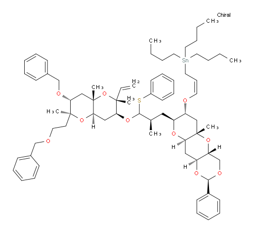 ((Z)-3-(((2R,4aR,5aS,7R,8S,9aR,10aS)-8-((2R)-3-(((2R,3S,4aR,6S,7R,8aS)-7-(benzyloxy)-6-(2-(benzyloxy)ethyl)-2,6,8a-trimethyl-2-vinyloctahydropyrano[3,2-b]pyran-3-yl)oxy)-2-methyl-3-(phenylthio)propyl)-5a-methyl-2-phenyloctahydro-4H-pyrano[2',3':5,6]pyrano[3,2-d][1,3]dioxin-7-yl)oxy)allyl)tributylstannane