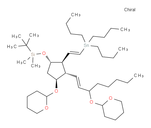 tert-butyldimethyl(((1S,2R,3S,4S)-4-((tetrahydro-2H-pyran-2-yl)oxy)-3-((E)-3-((tetrahydro-2H-pyran-2-yl)oxy)oct-1-en-1-yl)-2-((E)-2-(tributylstannyl)vinyl)cyclopentyl)oxy)silane