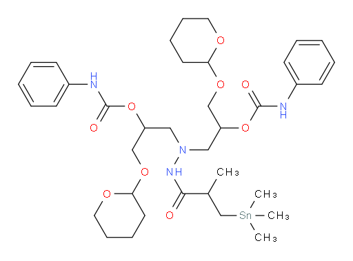 (2-(2-methyl-3-(trimethylstannyl)propanoyl)hydrazine-1,1-diyl)bis(1-((tetrahydro-2H-pyran-2-yl)oxy)propane-3,2-diyl) bis(phenylcarbamate)