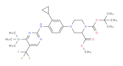 1-tert-butyl 2-methyl 4-(3-cyclopropyl-4-((5-(trifluoromethyl)-4-(trimethylstannyl)pyrimidin-2-yl)amino)phenyl)piperazine-1,2-dicarboxylate