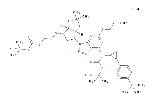 tert-butyl (3-((3aS,4R,6S,6aR)-6-(2-((tert-butoxycarbonyl)oxy)ethoxy)-2,2-dimethyltetrahydro-3aH-cyclopenta[d][1,3]dioxol-4-yl)-5-(propylthio)-3H-[1,2,3]triazolo[4,5-d]pyrimidin-7-yl)(2-(3-fluoro-4-(trimethylstannyl)phenyl)cyclopropyl)carbamate