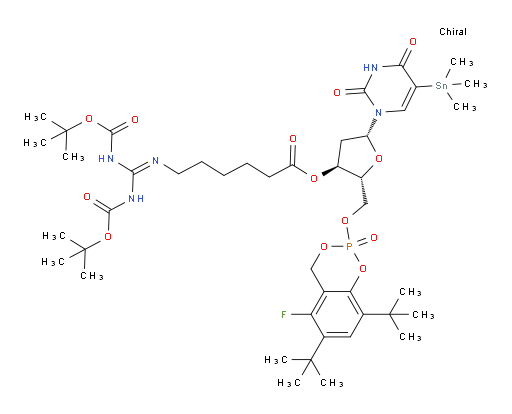 (2R,3S,5R)-2-(((6,8-di-tert-butyl-5-fluoro-2-oxido-4H-benzo[d][1,3,2]dioxaphosphinin-2-yl)oxy)methyl)-5-(2,4-dioxo-5-(trimethylstannyl)-3,4-dihydropyrimidin-1(2H)-yl)tetrahydrofuran-3-yl 6-((2,2,10,10-tetramethyl-4,8-dioxo-3,9-dioxa-5,7-diazaundecan-6-ylidene)amino)hexanoate
