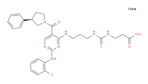 β-Alanine, N-[[[3-[[2-[(2-chlorophenyl)amino]-5-[[(3R)-3-phenyl-1-pyrrolidinyl]carbonyl]-4-pyrimidinyl]amino]propyl]amino]thioxomethyl]- (ACI)
