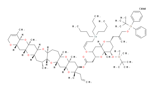 (4aR,5aS,6aR,7aS,9aR,10aS,12R,13S,14aR,15aS,16aR,17R,18aS,19aR,20aS)-13-allyl-4,5a,9a,10a,13,17-hexamethyl-4a,5a,6,6a,7a,8,9,9a,10a,11,12,13,14a,15,15a,16a,17,18,18a,19a,20,20a-docosahydro-2H-pyrano[2'',3'':5',6']pyrano[2',3':5,6]pyrano[3,2-b]pyrano[2'',3'':5',6']pyrano[2',3':6,7]oxepino[2,3-f]oxepin-12-yl 2-((2R,4aR,6R,8S,8aR)-8-((tert-butyldimethylsilyl)oxy)-6-(2-(((tert-butyldiphenylsilyl)oxy)methyl)allyl)-8a-methyl-3-(((Z)-3-(tributylstannyl)prop-1-en-1-yl)oxy)octahydropyrano[3,2-b]pyran-2-yl)acetate