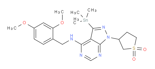 3-(4-((2,4-dimethoxybenzyl)amino)-3-(trimethylstannyl)-1H-pyrazolo[3,4-d]pyrimidin-1-yl)tetrahydrothiophene 1,1-dioxide