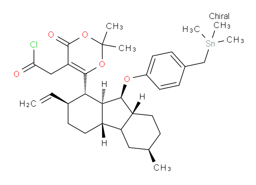 2-(2,2-dimethyl-6-((1S,2S,4aS,6R,8aR,9S,9aS)-6-methyl-9-(4-((trimethylstannyl)methyl)phenoxy)-2-vinyldodecahydro-1H-fluoren-1-yl)-4-oxo-4H-1,3-dioxin-5-yl)acetyl chloride