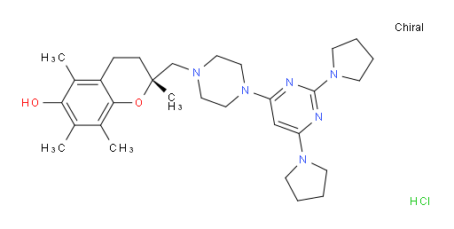 (2R)-2-[[4-(2,6-Di-1-pyrrolidinyl-4-pyrimidinyl)-1-piperazinyl]methyl]-3,4-dihydro-2,5,7,8-tetramethyl-2H-1-benzopyran-6-ol hydrochloride (1:2) (ACI)