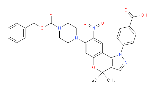 1-(Phenylmethyl) 4-[1-(4-carboxyphenyl)-1,4-dihydro-4,4-dimethyl-8-nitro[1]benzopyrano[4,3-c]pyrazol-7-yl]-1-piperazinecarboxylate (ACI)