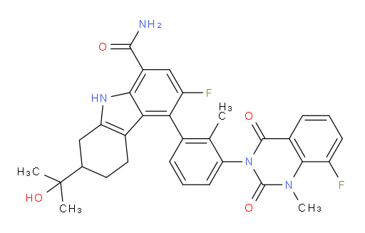 (2S,5R)-6-Fluoro-5-[(3S)-3-(8-fluoro-1,4-dihydro-1-methyl-2,4-dioxo-3(2H)-quinazolinyl)-2-methylphenyl]-2,3,4,9-tetrahydro-2-(1-hydroxy-1-methylethyl)-1H-carbazole-8-carboxamide (ACI)
