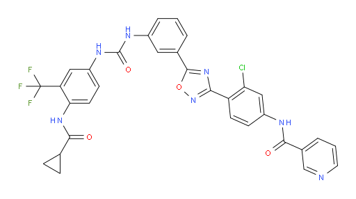 N-[3-Chloro-4-[5-[3-[[[[4-[(cyclopropylcarbonyl)amino]-3-(trifluoromethyl)phenyl]amino]carbonyl]amino]phenyl]-1,2,4-oxadiazol-3-yl]phenyl]-3-pyridinecarboxamide (ACI)