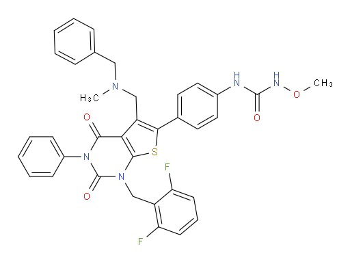 N-[4-[1-[(2,6-Difluorophenyl)methyl]-1,2,3,4-tetrahydro-5-[[methyl(phenylmethyl)amino]methyl]-2,4-dioxo-3-phenylthieno[2,3-d]pyrimidin-6-yl]phenyl]-N′-methoxyurea (ACI)