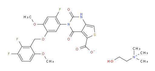 Ethanaminium, 2-hydroxy-N,N,N-trimethyl-, 3-[5-[(2,3-difluoro-6-methoxyphenyl)methoxy]-2-fluoro-4-methoxyphenyl]-1,2,3,4-tetrahydro-2,4-dioxothieno[3,4-d]pyrimidine-5-carboxylate (1:1) (ACI)
