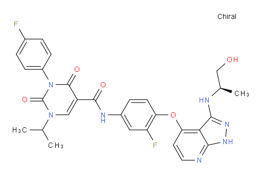 N-[3-Fluoro-4-[[3-[[(1R)-2-hydroxy-1-methylethyl]amino]-1H-pyrazolo[3,4-b]pyridin-4-yl]oxy]phenyl]-3-(4-fluorophenyl)-1,2,3,4-tetrahydro-1-(1-methylethyl)-2,4-dioxo-5-pyrimidinecarboxamide (ACI)